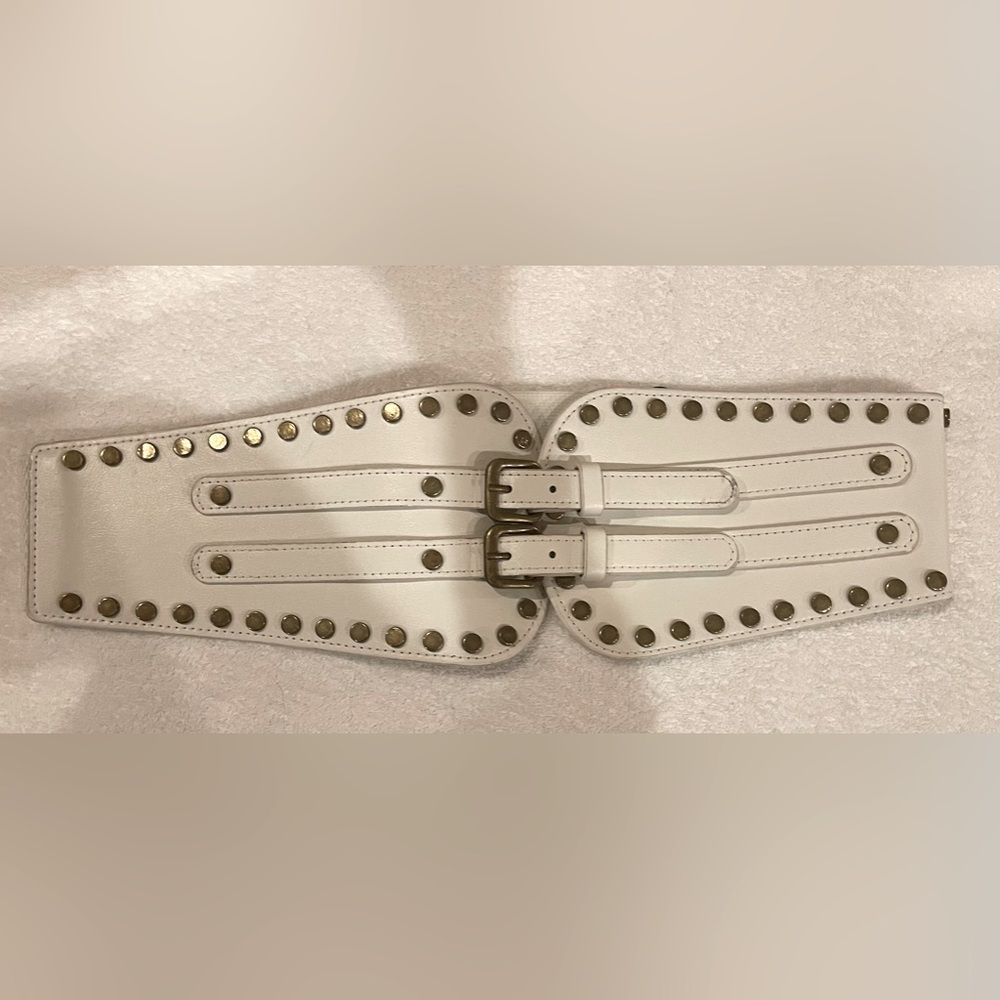Wide White Studded Double-Buckle Fashion Waist Belt